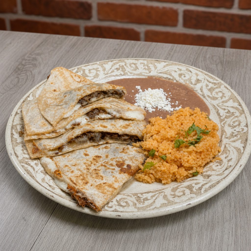 QUESADILLA GIGANTE PLATE/Rice & Beans on the side.